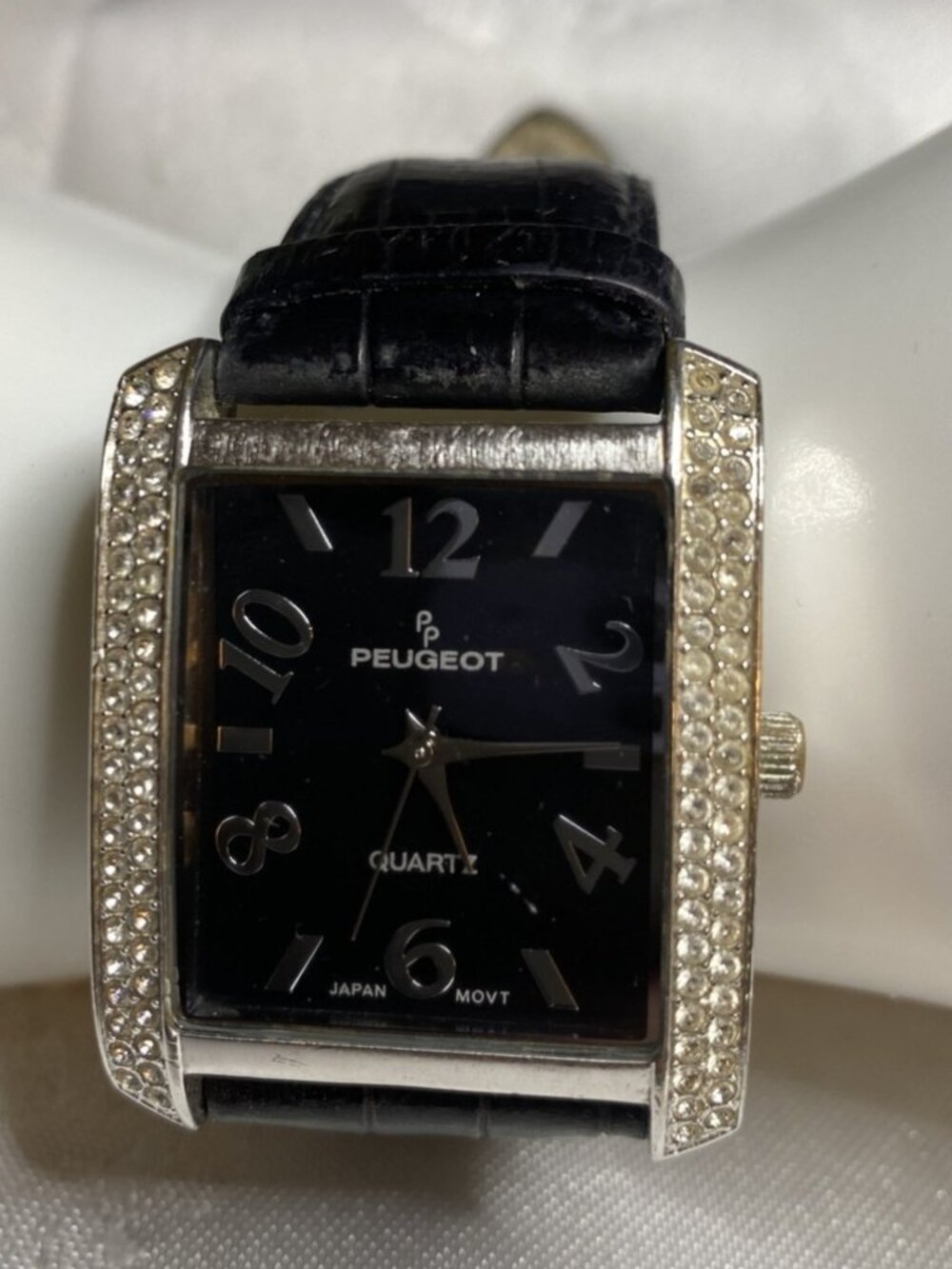Peugeot Ladies Watch Quartz Crystal Bezel Square Dial Leather Band 7.5" 45mm